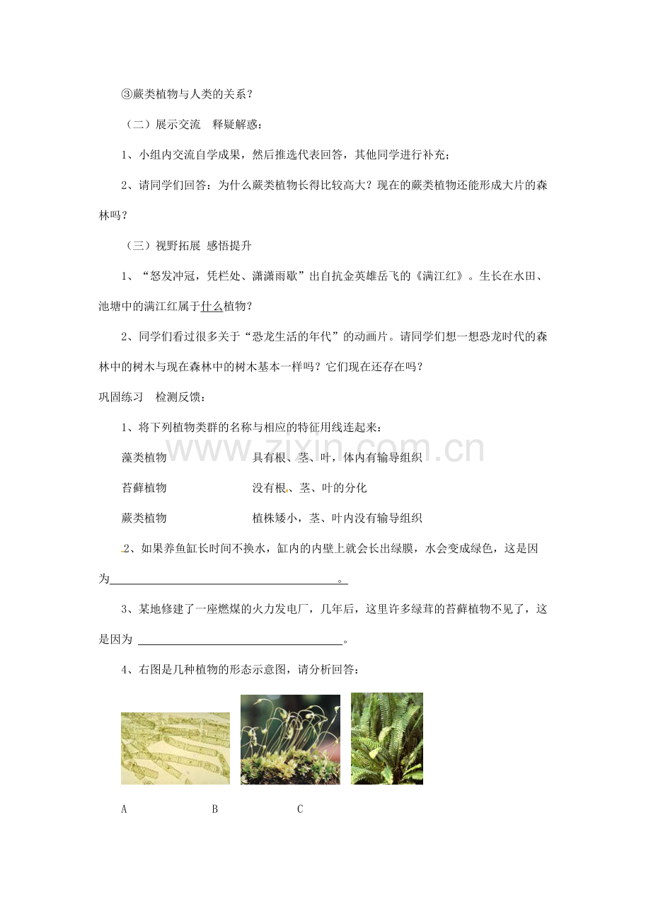 安徽省合肥市长丰县七年级生物上册 3.1.1《藻类、苔藓和蕨类植物》教案4 （新版）新人教版-（新版）新人教版初中七年级上册生物教案.doc_第3页