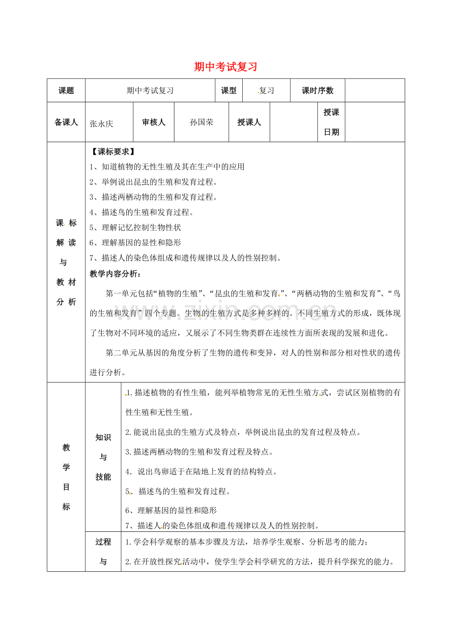 八年级生物下册 第9周《期中复习》教案 新人教版-新人教版初中八年级下册生物教案.doc_第1页