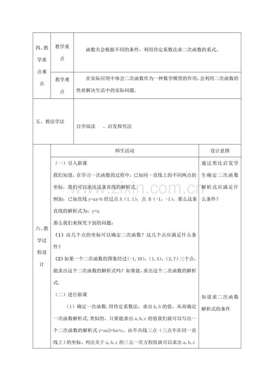 陕西省石泉县九年级数学上册 用待定系数法求二次函数的解析式教案 （新版）新人教版-（新版）新人教版初中九年级上册数学教案.doc_第2页