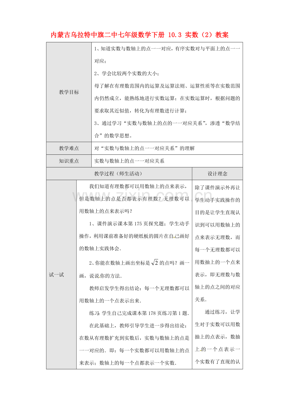 内蒙古乌拉特中旗二中七年级数学下册 10.3 实数（2）教案.doc_第1页