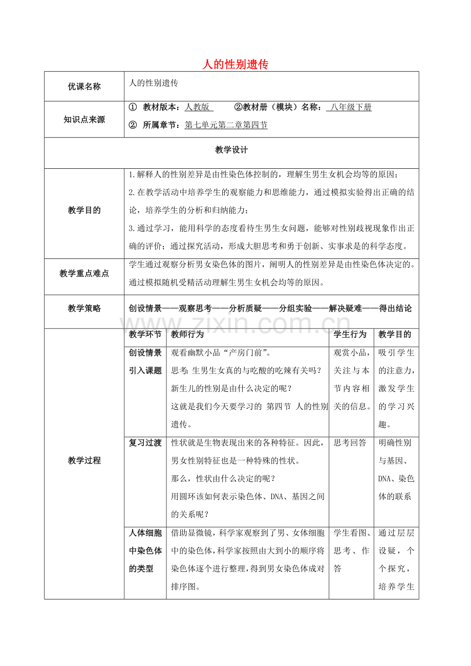 广东省东莞市八年级生物下册 7.2.4 人的性别遗传教学设计及反思 （新版）新人教版-（新版）新人教版初中八年级下册生物教案.doc_第1页