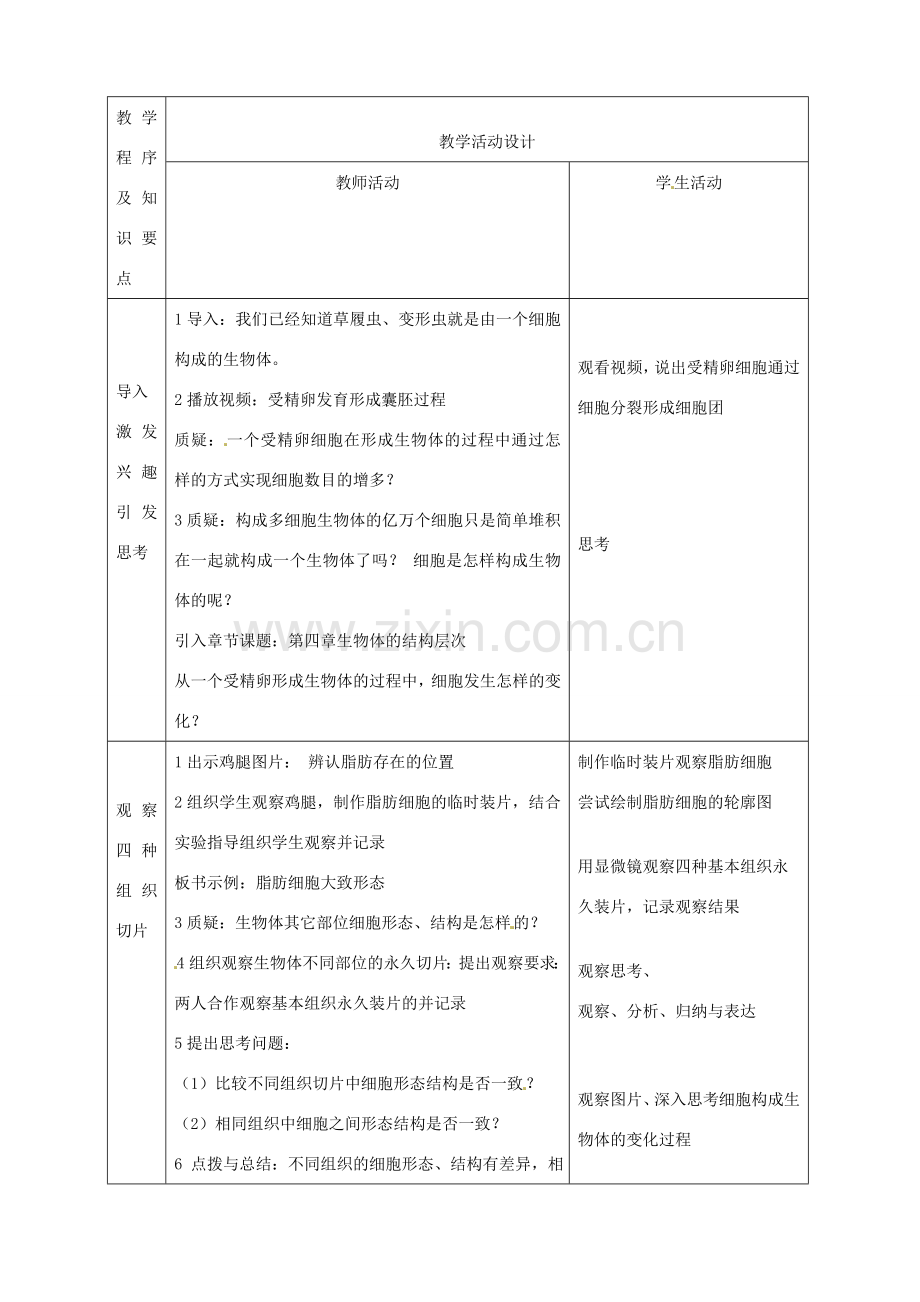 福建省浦城县七年级生物上册 4.1细胞分化形成组织教案 （新版）北师大版-（新版）北师大版初中七年级上册生物教案.doc_第3页