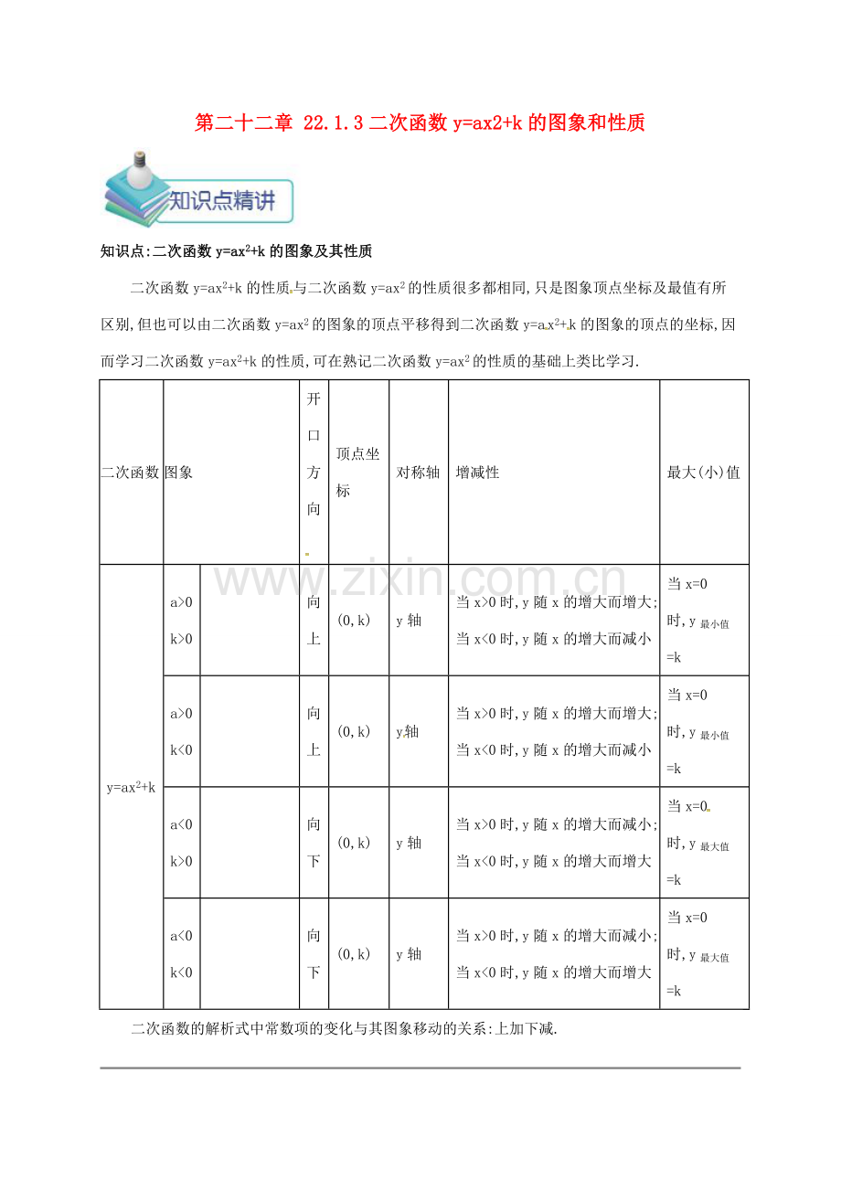 九年级数学上册 第二十二章 22.1 二次函数的图像及性质 22.1.3 二次函数yax2k的图象和性质备课资料教案 （新版）新人教版-（新版）新人教版初中九年级上册数学教案.doc_第1页