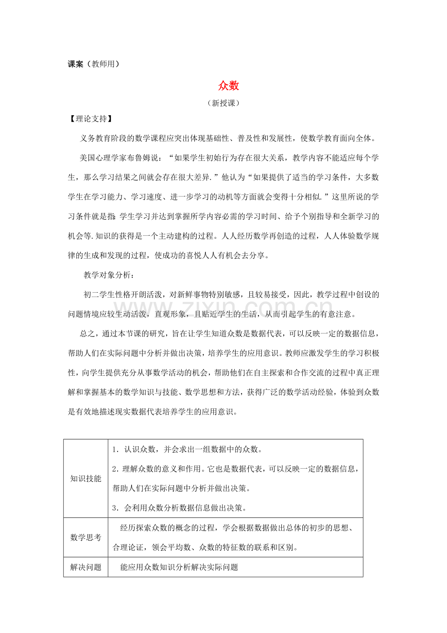 八年级数学下册《众数》课案（教师用） 新人教版.doc_第1页