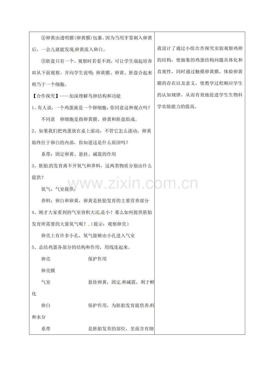 吉林省前郭尔罗斯蒙古族自治县八年级生物下册 7.1.3 观察鸡卵的结构教案 （新版）新人教版-（新版）新人教版初中八年级下册生物教案.doc_第3页