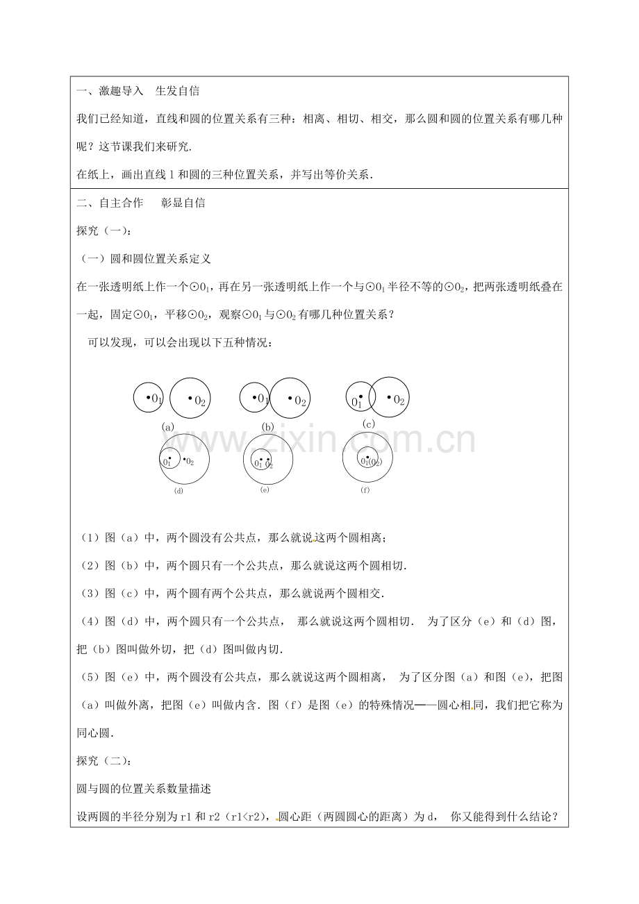 九年级数学上册 24.2.2《直线和圆的位置关系》圆和圆的位置关系教案 （新版）新人教版-（新版）新人教版初中九年级上册数学教案.doc_第2页