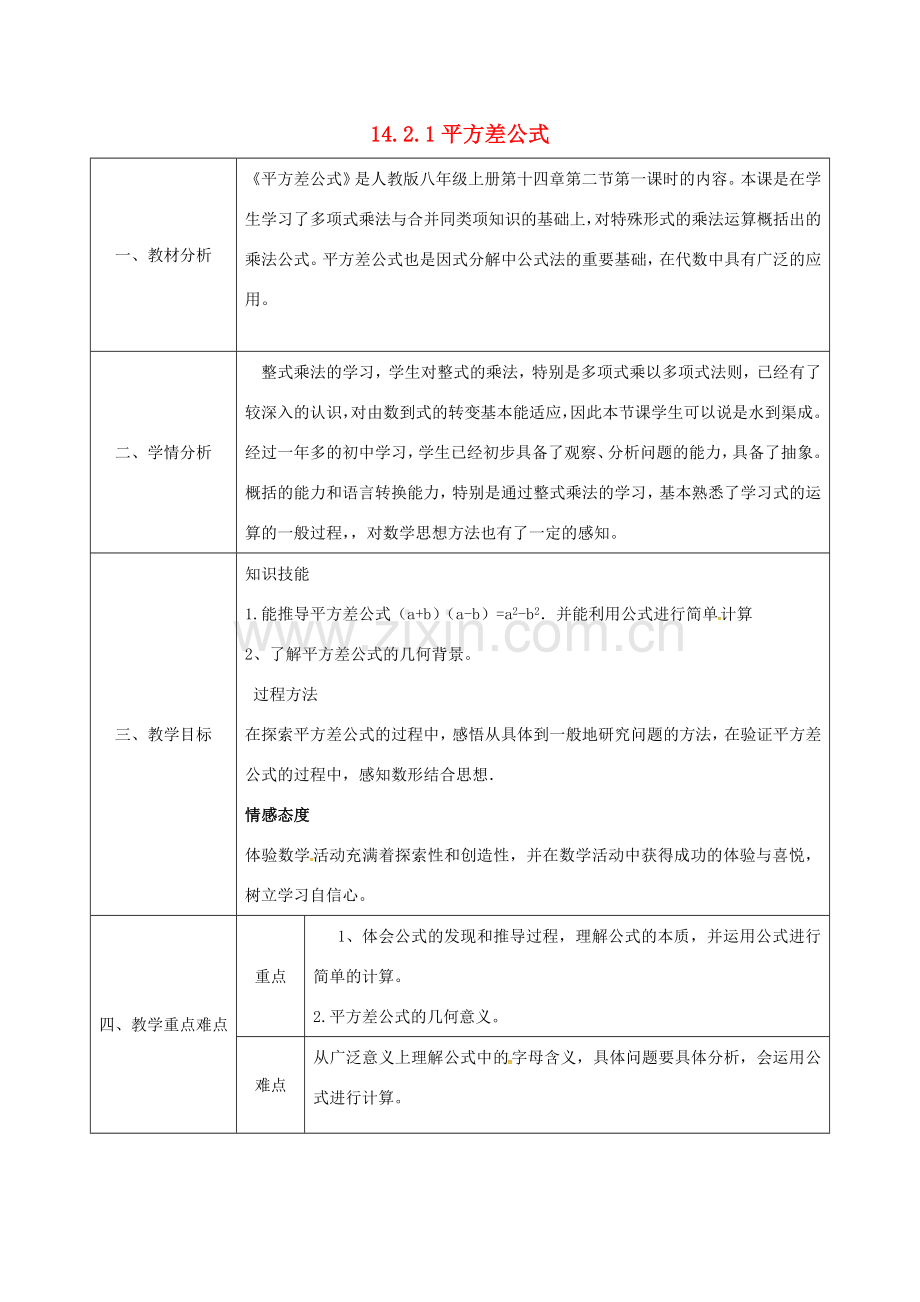 陕西省石泉县八年级数学上册 14.2.1 平方差公式同课异构教案1 （新版）新人教版-（新版）新人教版初中八年级上册数学教案.doc_第1页