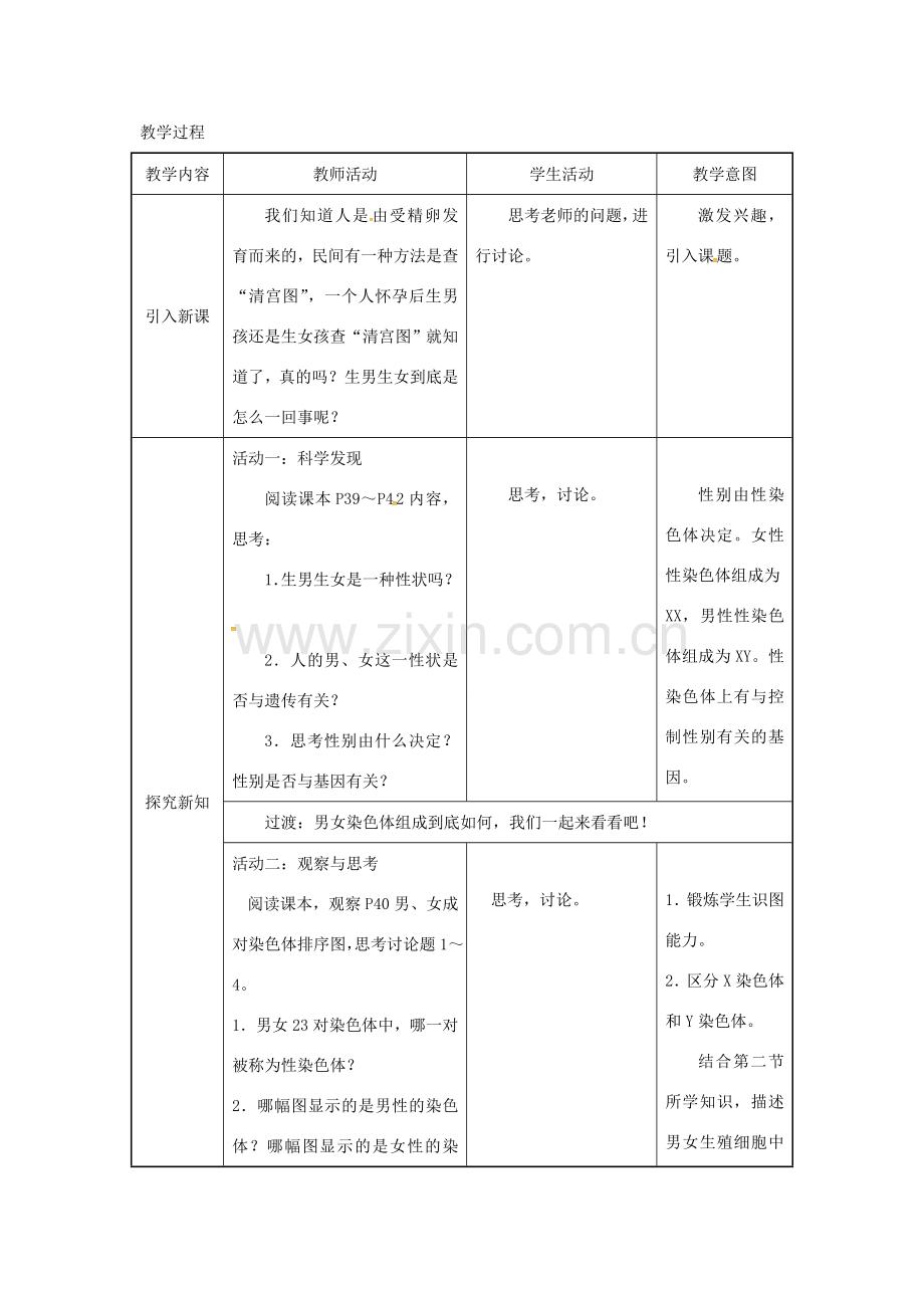 吉林省榆树市八年级生物下册 第七单元 第二章 第四节 人的性别遗传教案 （新版）新人教版-（新版）新人教版初中八年级下册生物教案.doc_第2页