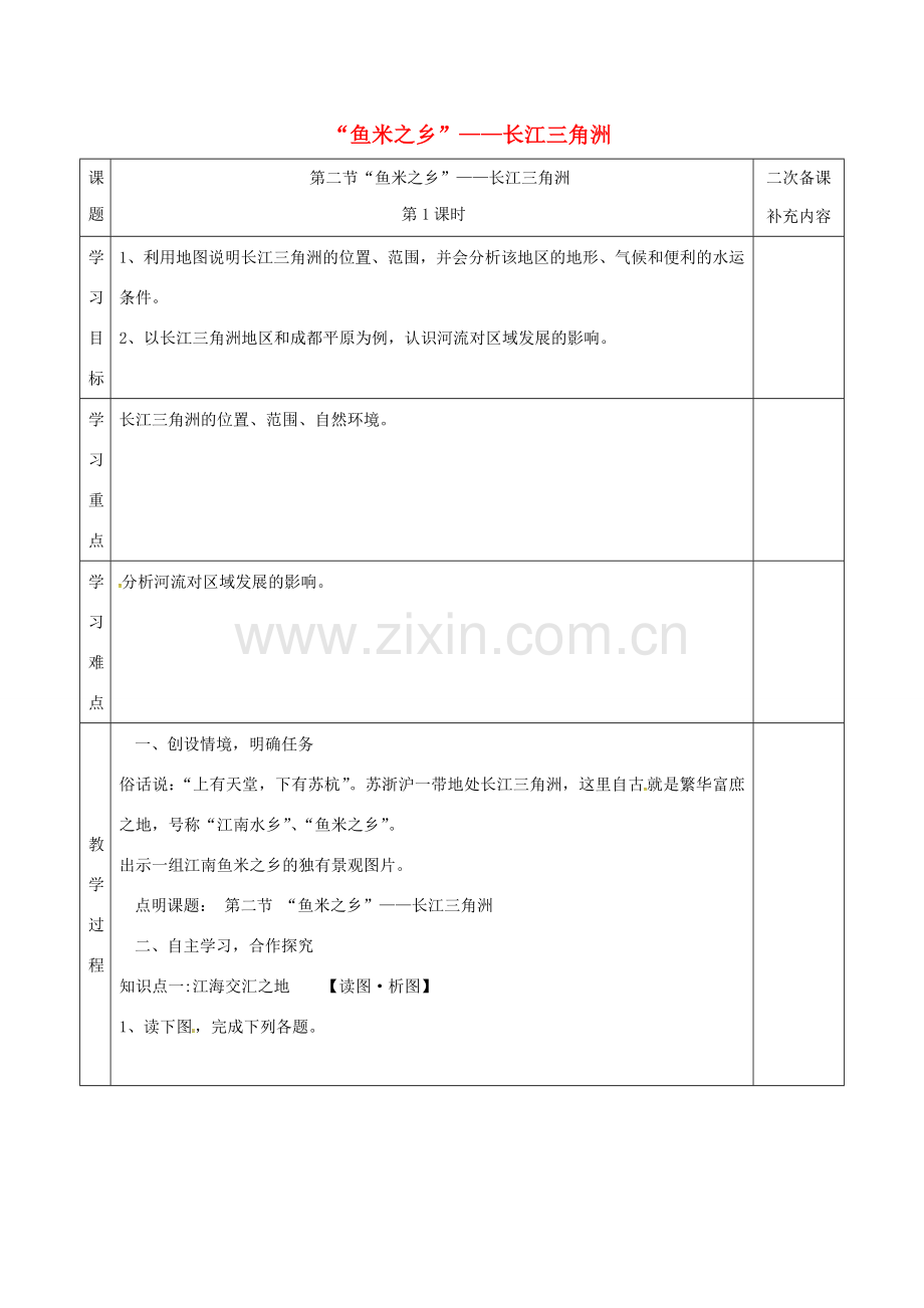 山西省长治市八年级地理下册 7.2“鱼米之乡”——长江三角洲地区教案4 （新版）新人教版-（新版）新人教版初中八年级下册地理教案.doc_第1页