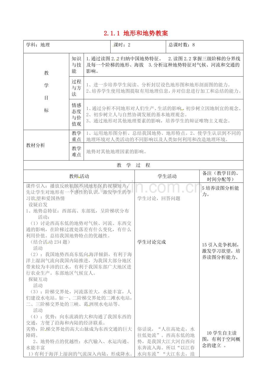 吉林省四平市第十七中学八年级地理上册 2.1.1 地形和地势教案 新人教版.doc_第1页