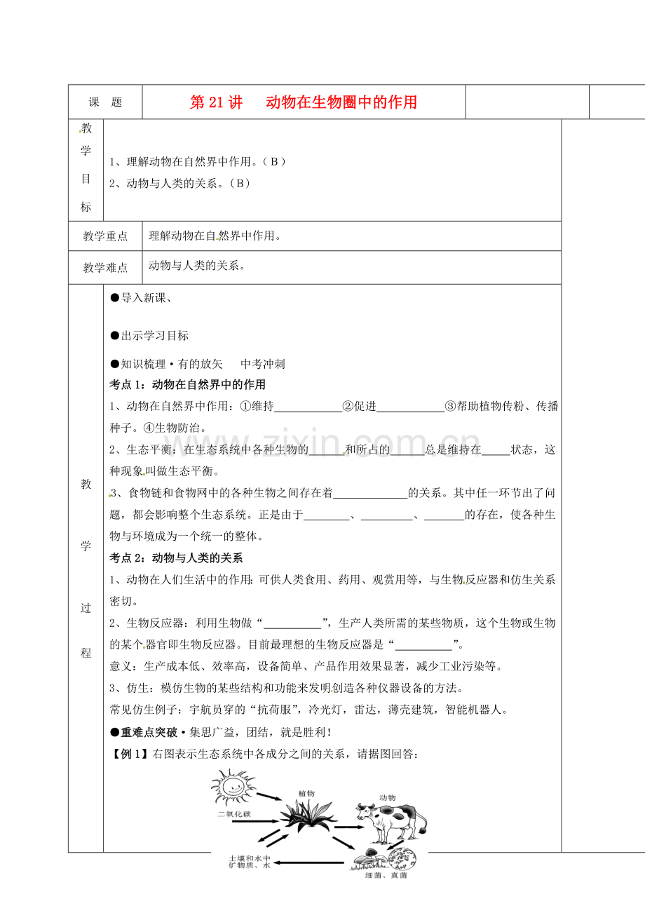 湖南省茶陵县世纪星实验学校八年级生物复习《第21讲 动物在生物圈中的作用》教案 人教新课标版.doc_第1页