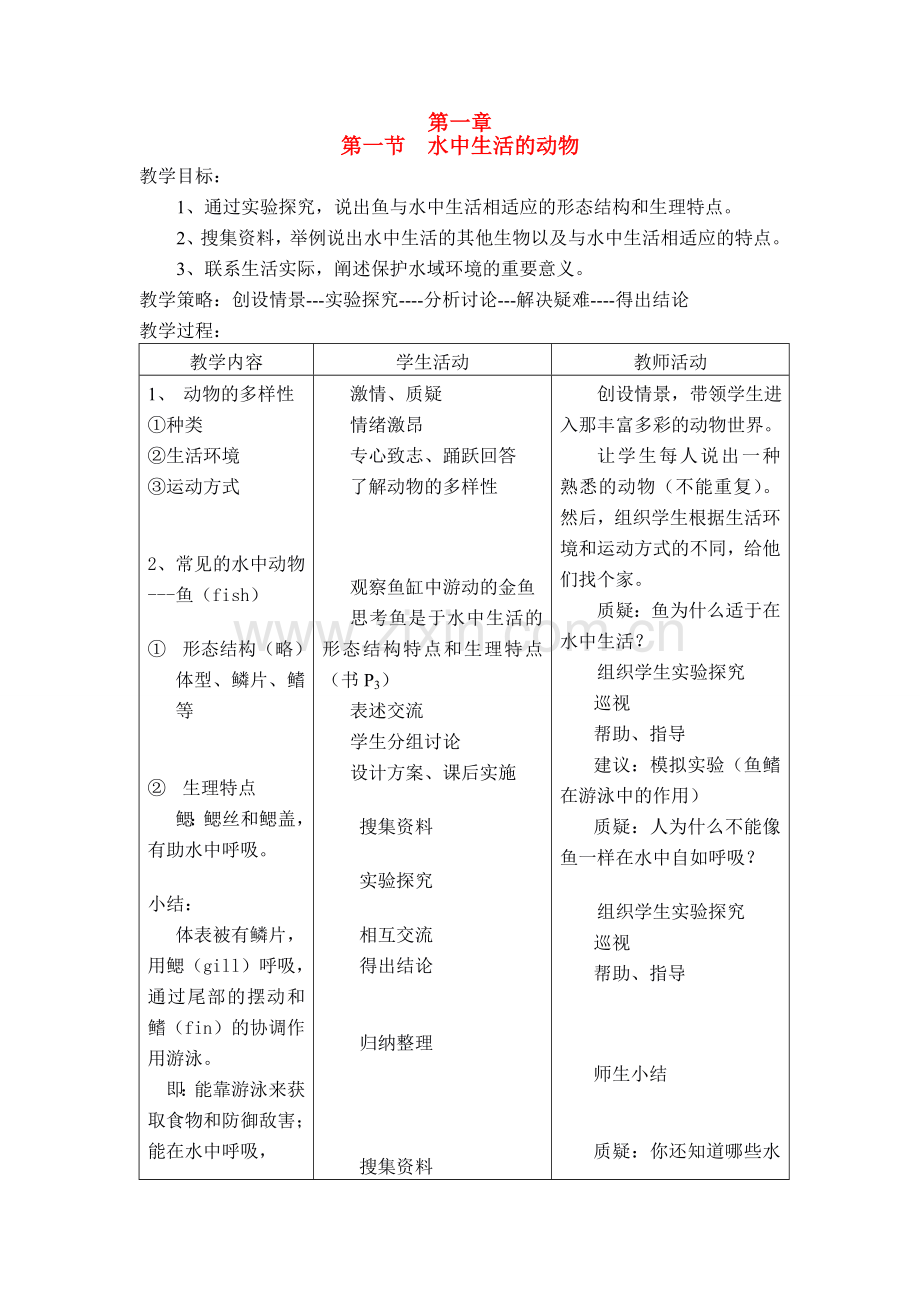 八年级生物5.1.1 水中生活的动物 教案3人教版.doc_第1页