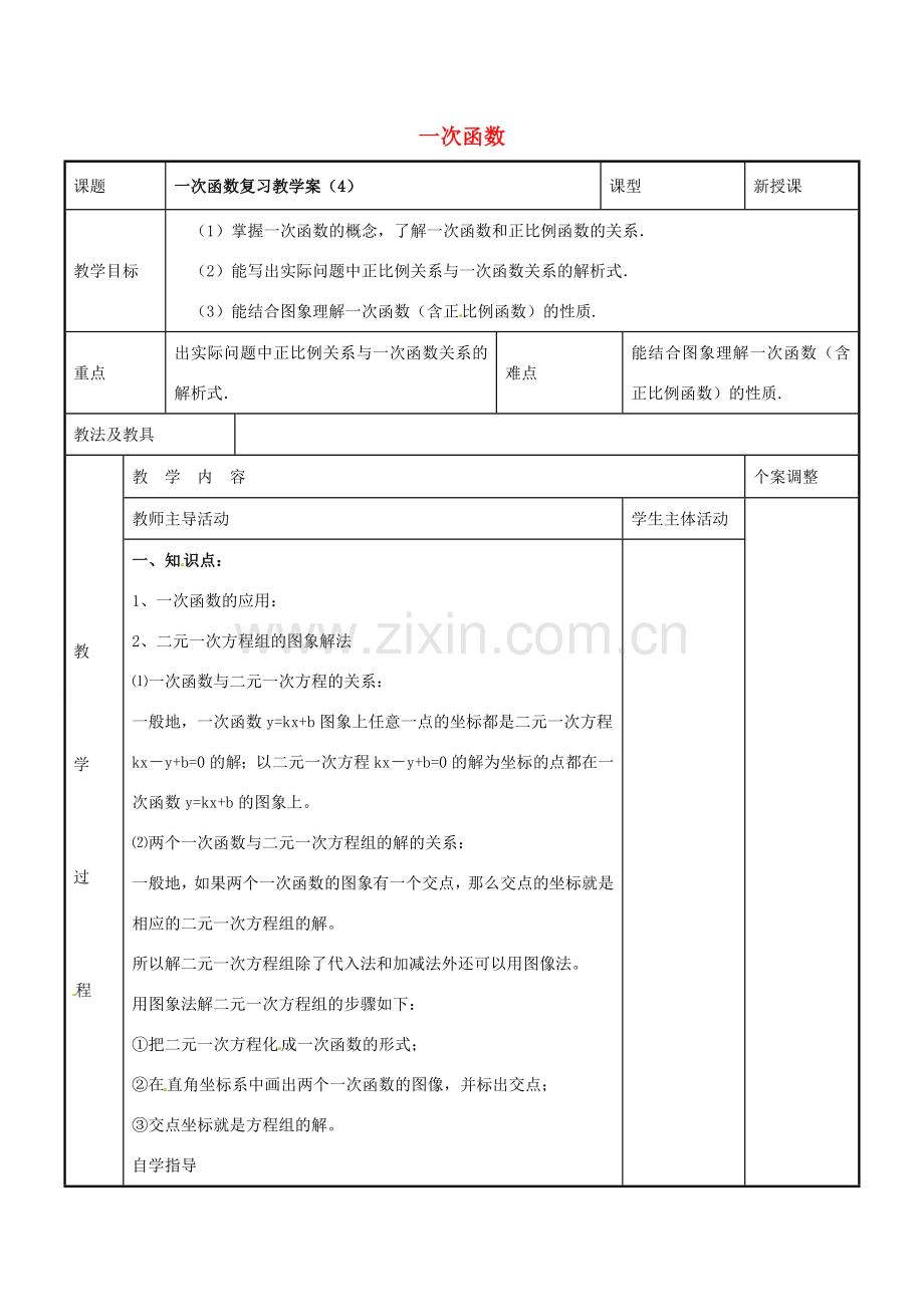 八年级数学上册 第六章 一次函数 一次函数复习教案4 （新版）苏科版-（新版）苏科版初中八年级上册数学教案.doc_第1页