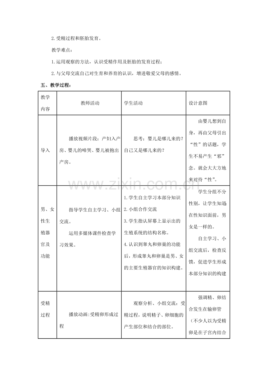 八年级生物上册 第四单元 第三章 第1节《婴儿的诞生》教案1 （新版）济南版-（新版）济南版初中八年级上册生物教案.doc_第2页