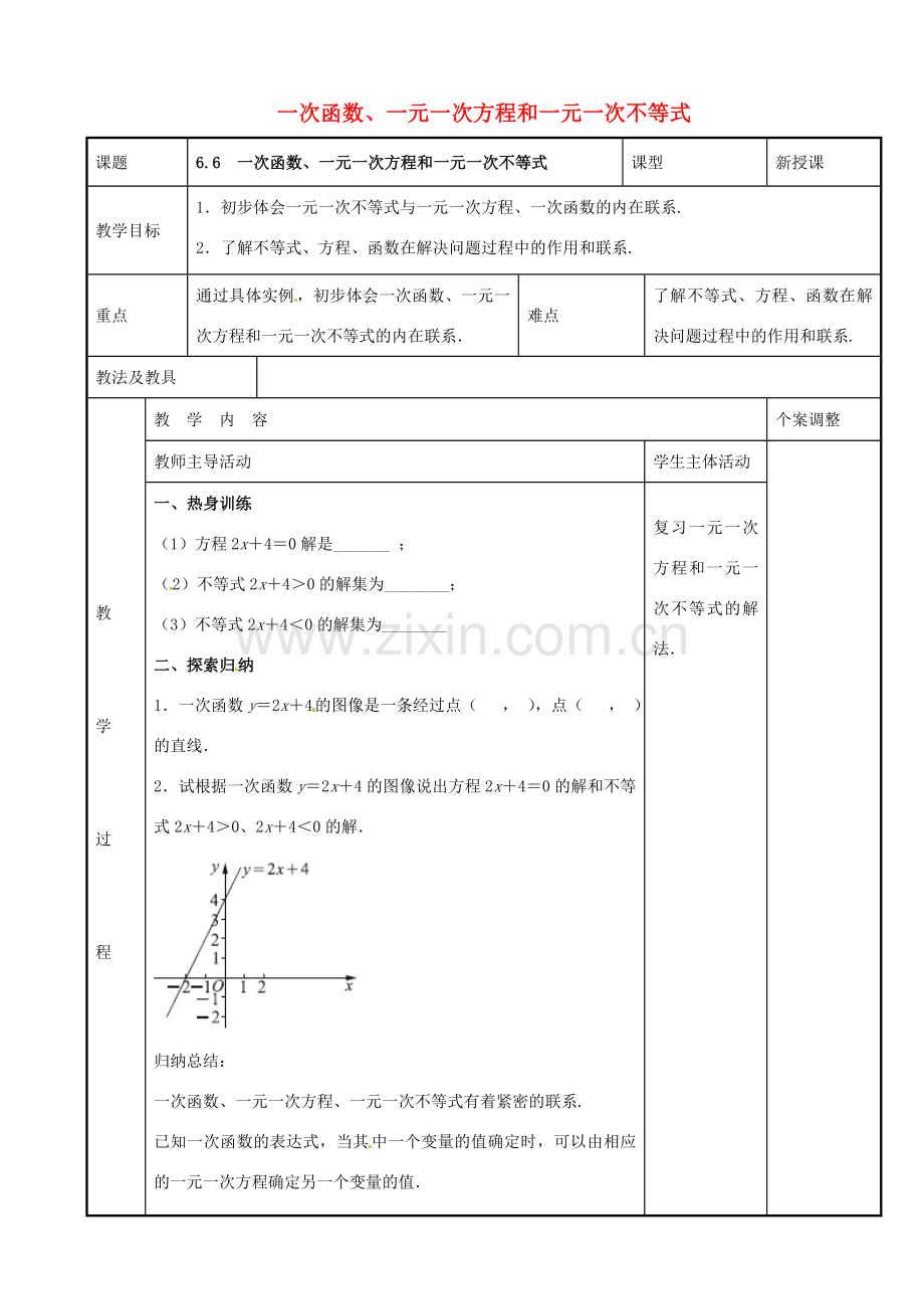 八年级数学上册 第六章 一次函数 6.6 一次函数、一元一次方程和一元一次不等式教案 （新版）苏科版-（新版）苏科版初中八年级上册数学教案.doc_第1页