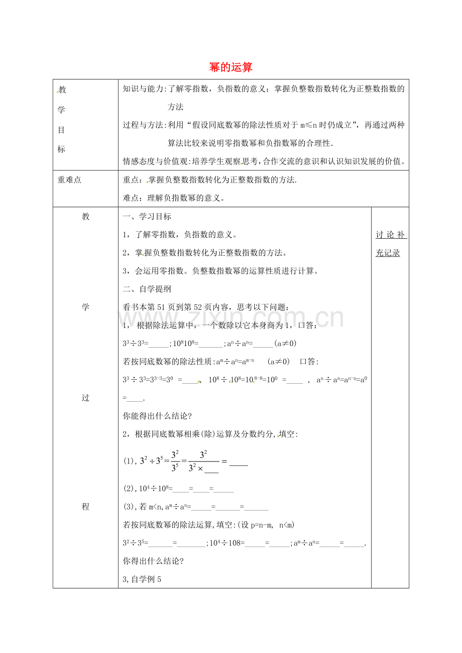 安徽省固镇县七年级数学下册 8.1 幂的运算 零指数、负整数指数教案 （新版）沪科版-（新版）沪科版初中七年级下册数学教案.doc_第1页