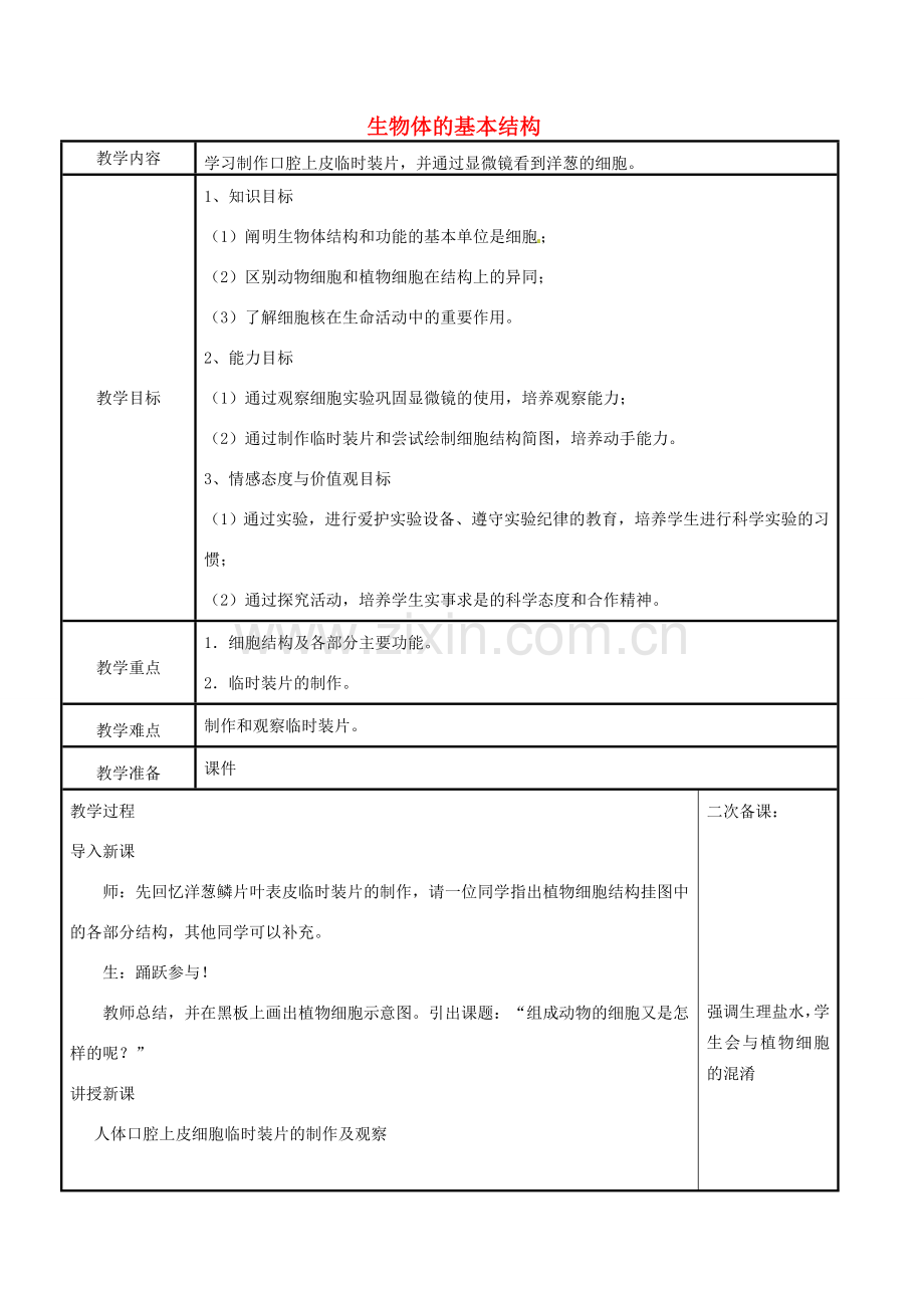 江苏省苏州工业园区东沙湖学校七年级生物下册 第一节 生物体的基本结构（第二课时）教案 苏科版.doc_第1页