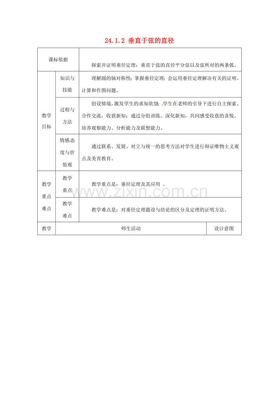 陕西省安康市石泉县池河镇九年级数学上册 24.1 圆的有关性质 24.1.2 垂直于弦的直径教案2 （新版）新人教版-（新版）新人教版初中九年级上册数学教案.doc_第1页