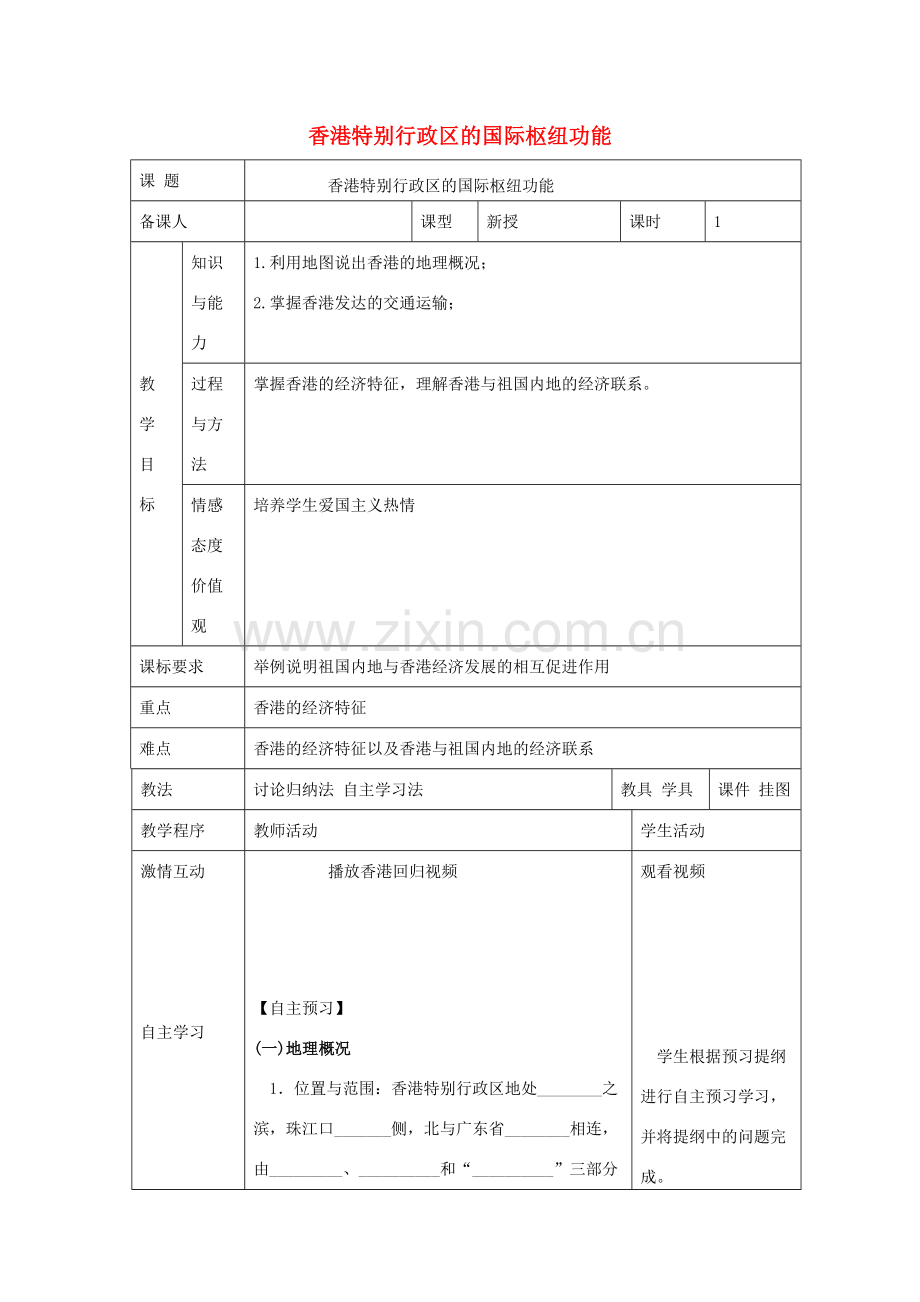 八年级地理下册 第七章 第一节 香港特别行政区的国际枢纽功能教案 （新版）湘教版-（新版）湘教版初中八年级下册地理教案.doc_第1页