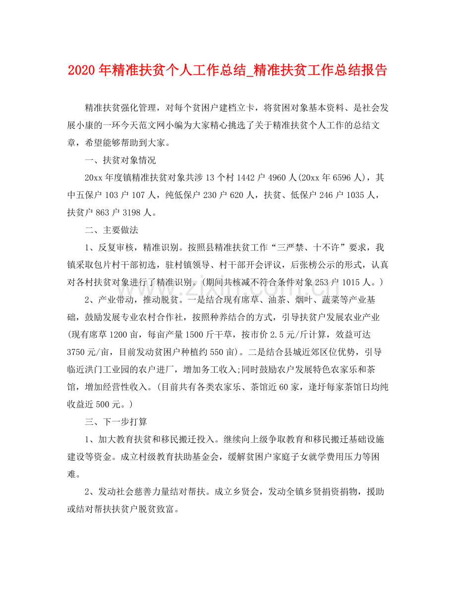 2020年精准扶贫个人工作总结_精准扶贫工作总结报告 .docx_第1页