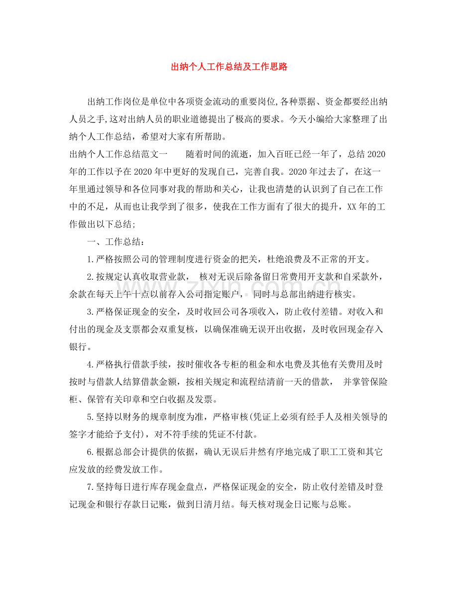 出纳个人工作总结及工作思路.docx_第1页