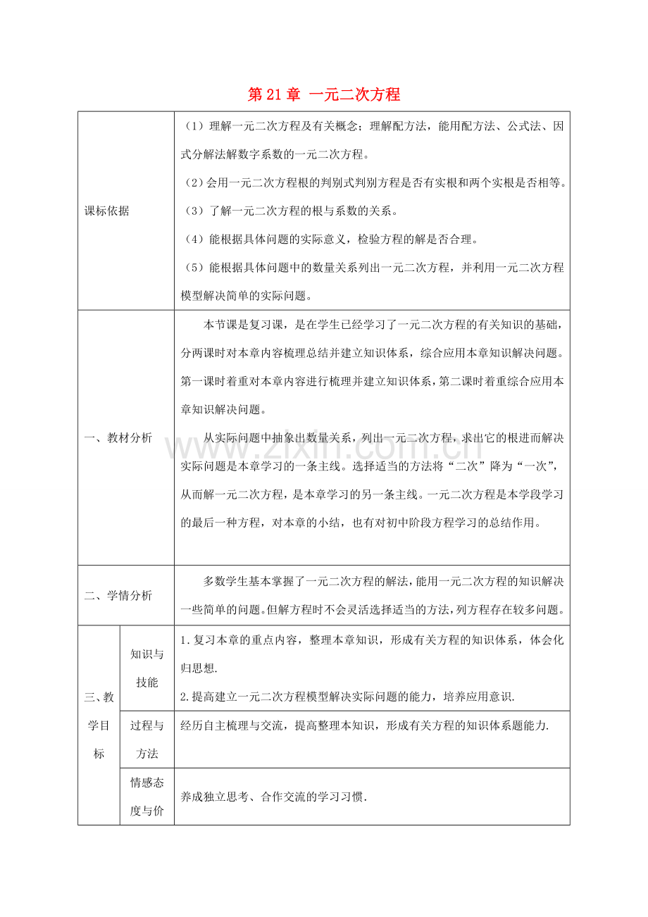 陕西省石泉县九年级数学上册 21 一元二次方程小结教案 （新版）新人教版-（新版）新人教版初中九年级上册数学教案.doc_第1页