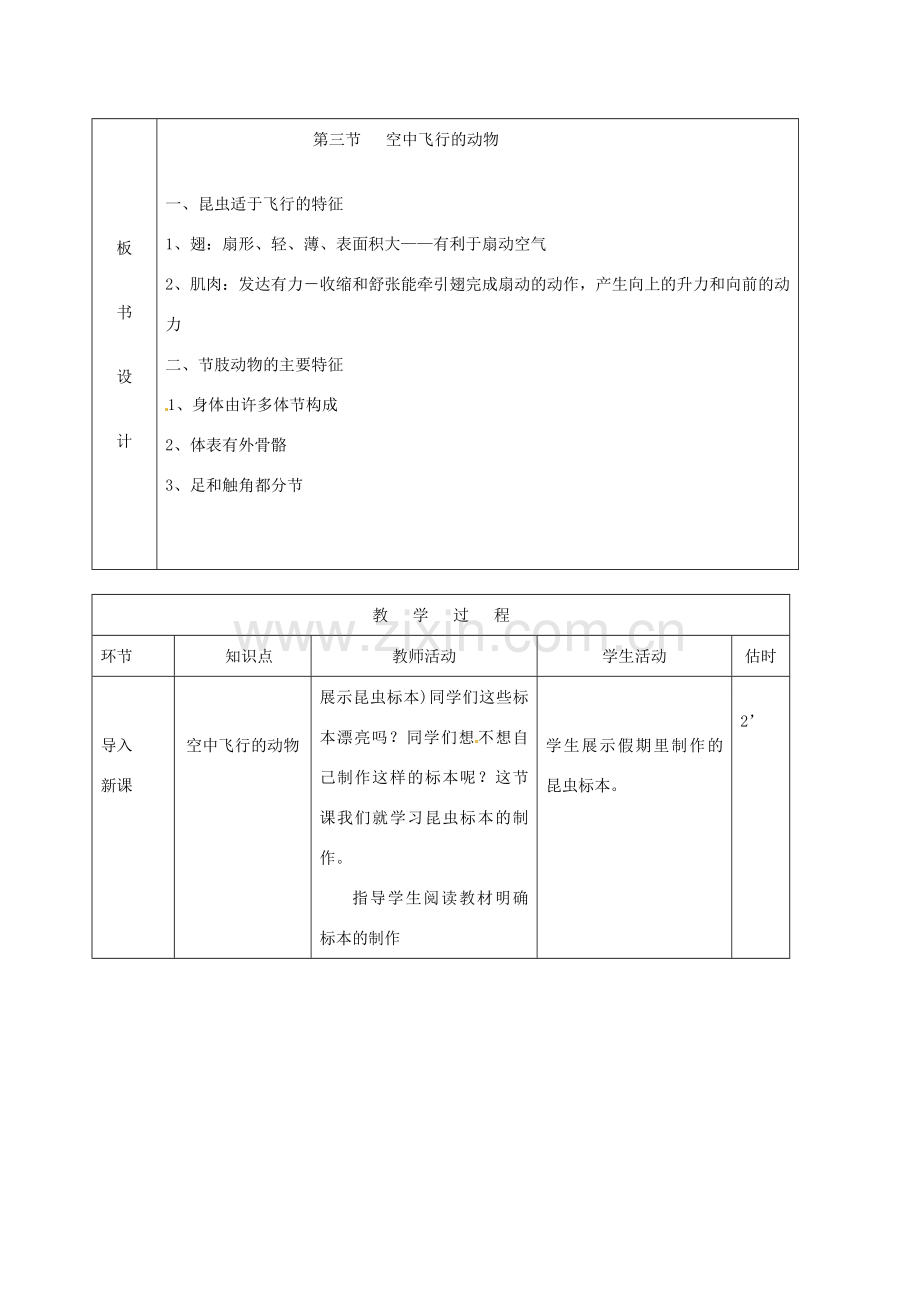 山东省临沭县第三初级中学八年级生物上册《空中飞行的动物》教案二 人教新课标版.doc_第2页