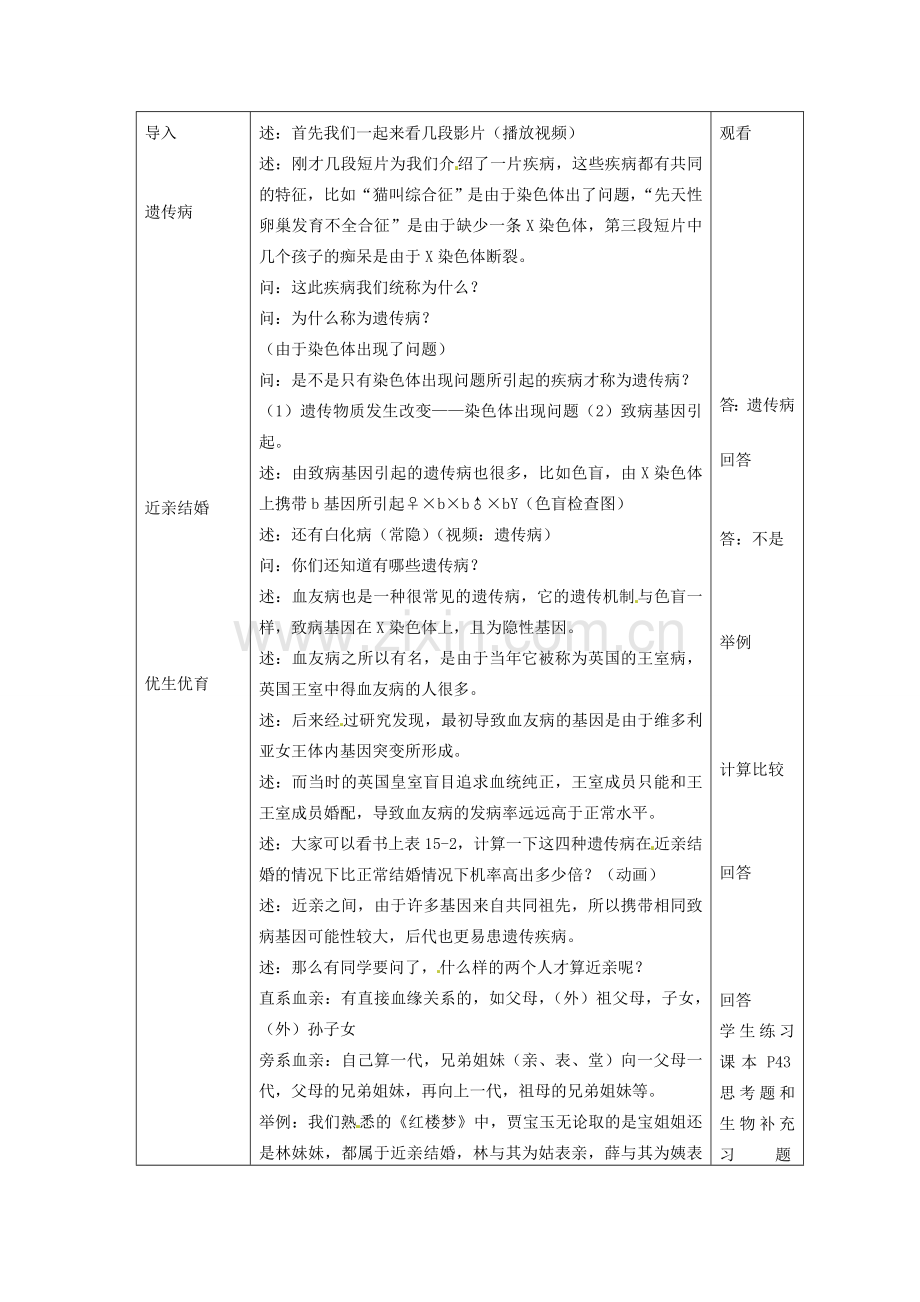 江苏省盐城东台市唐洋镇八年级生物上册《第四节 遗传和优生优育（1课时）》教案 苏教版.doc_第2页