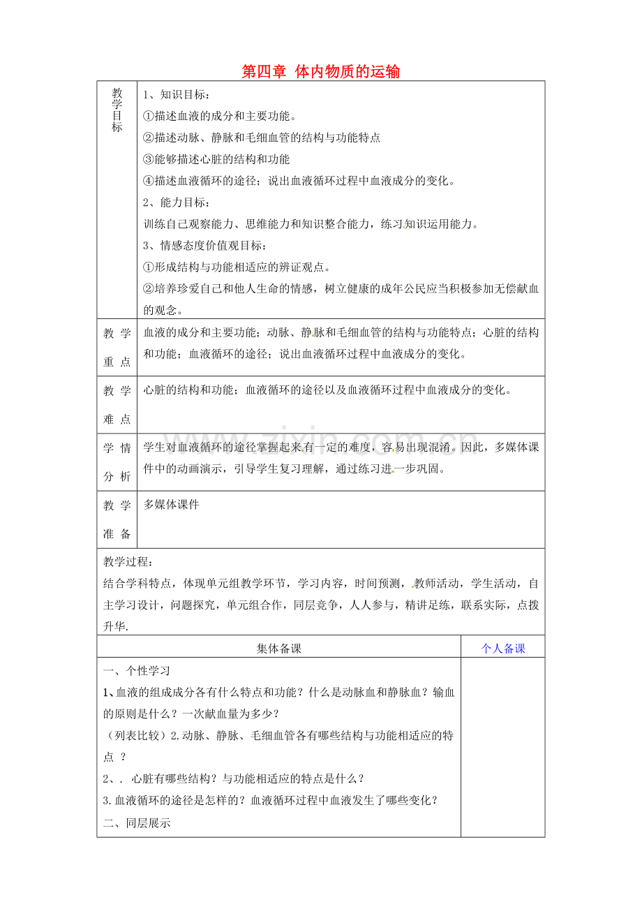 山东省淄博市临淄区第八中学七年级生物下册 4 人体内物质的运输复习教案 新人教版.doc_第1页