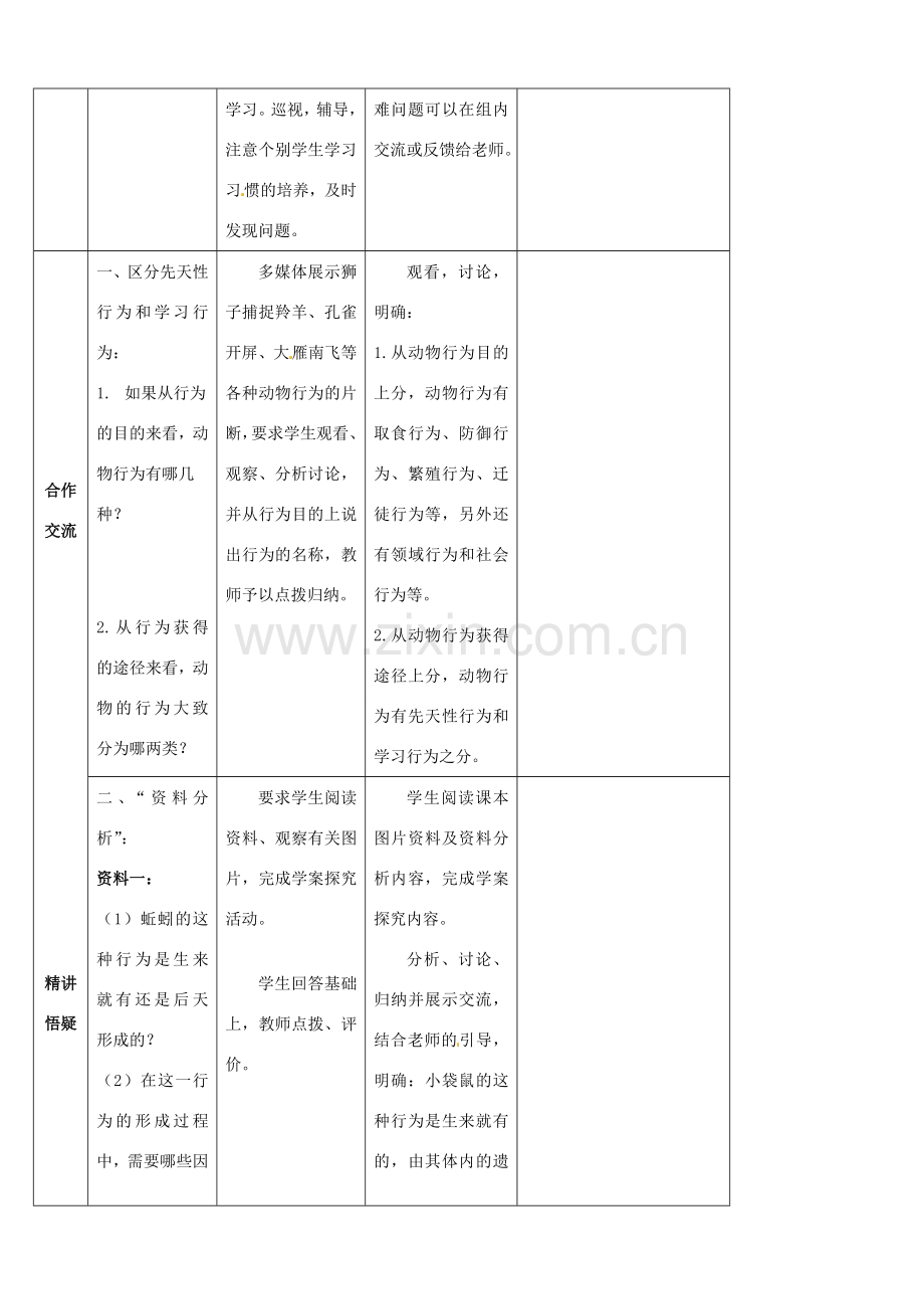 山东省宁阳县第二十五中学八年级生物上册《第五单元 第二章 第二节 先天性行为和学习行为（第一课时）》教案 （新版）新人教版.doc_第2页