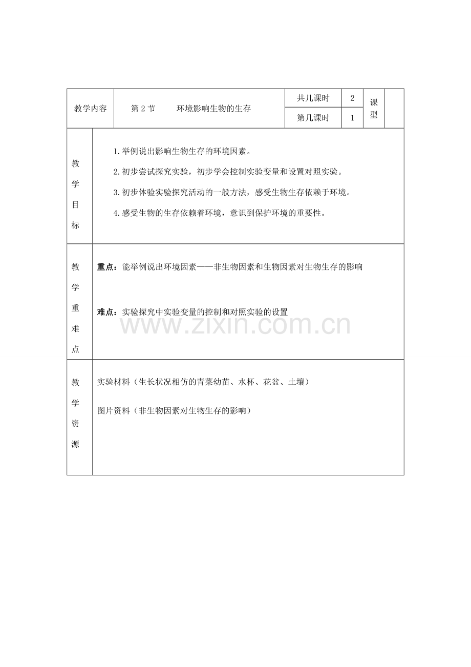 七年级生物上册 2.2.2 环境影响生物的生存教案 （新版）苏科版-（新版）苏科版初中七年级上册生物教案.doc_第1页