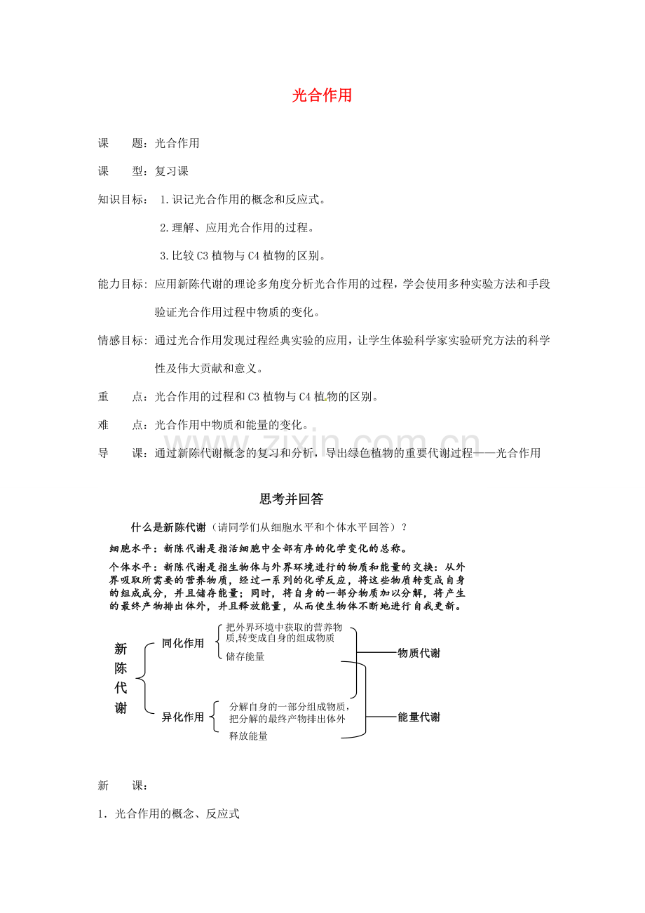 河北省高碑店市第三中学七年级生物上册 第三章 第一节 光合作用教案 新人教版.DOC_第1页