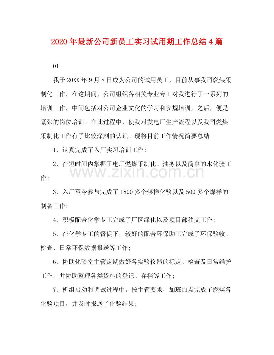 2020年公司新员工实习试用期工作总结4篇.docx_第1页