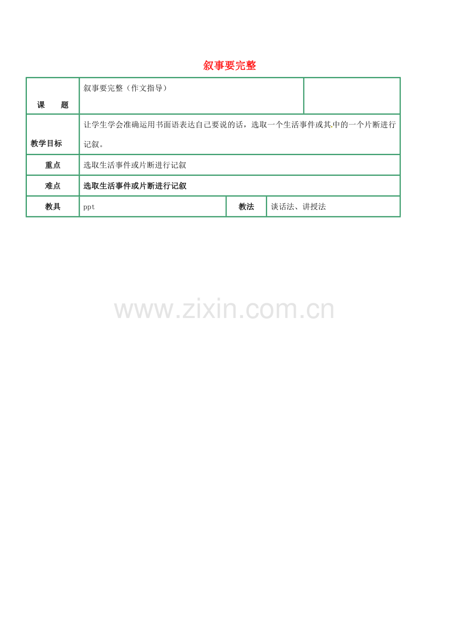 七年级语文下册 第一单元 作文《叙事要完整》教案 新人教版-新人教版初中七年级下册语文教案.doc_第1页