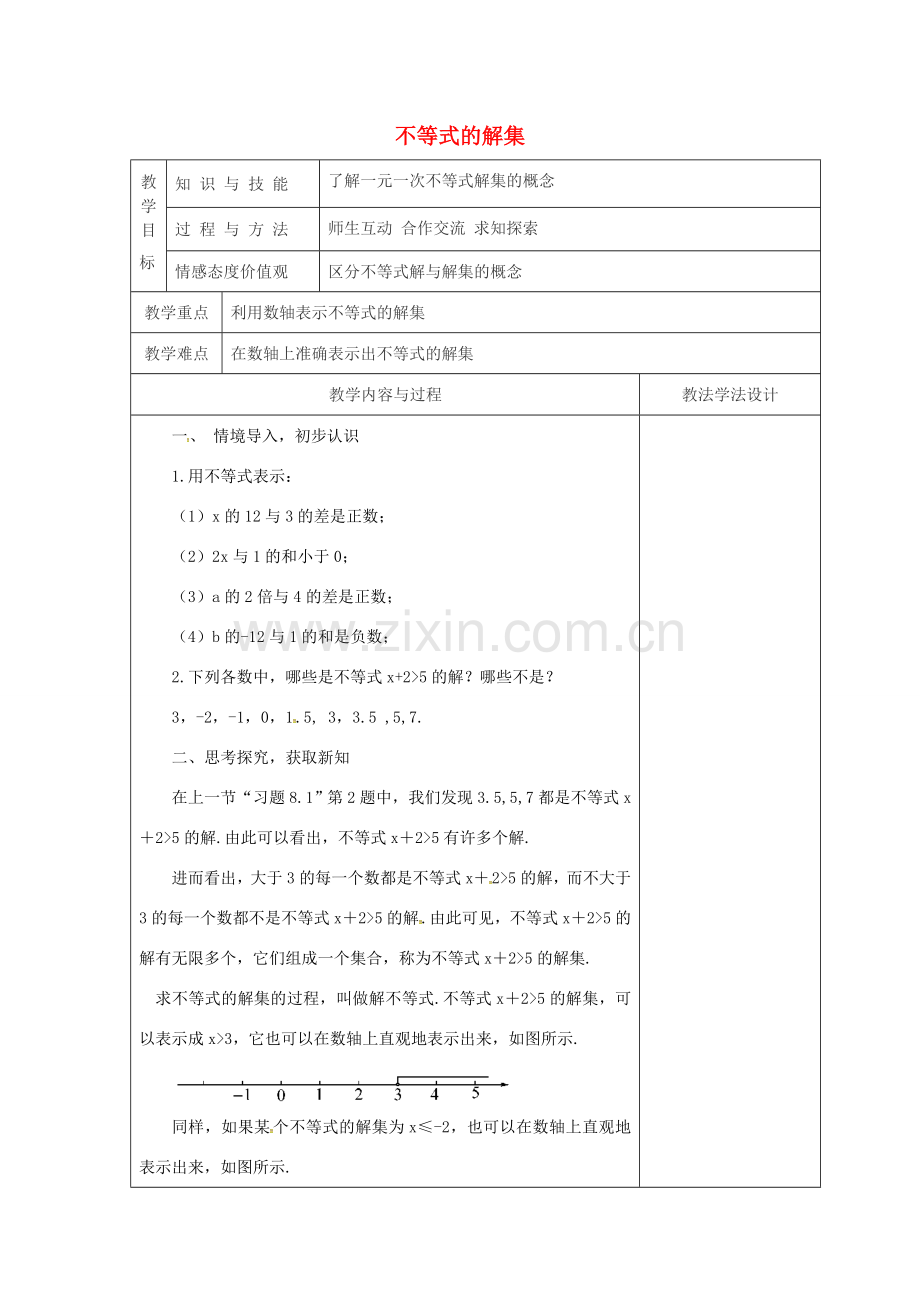 吉林省长春市双阳区七年级数学下册 第8章 一元一次不等式 8.2 解一元一次不等式 8.2.1 不等式的解集教案 （新版）华东师大版-（新版）华东师大版初中七年级下册数学教案.doc_第1页