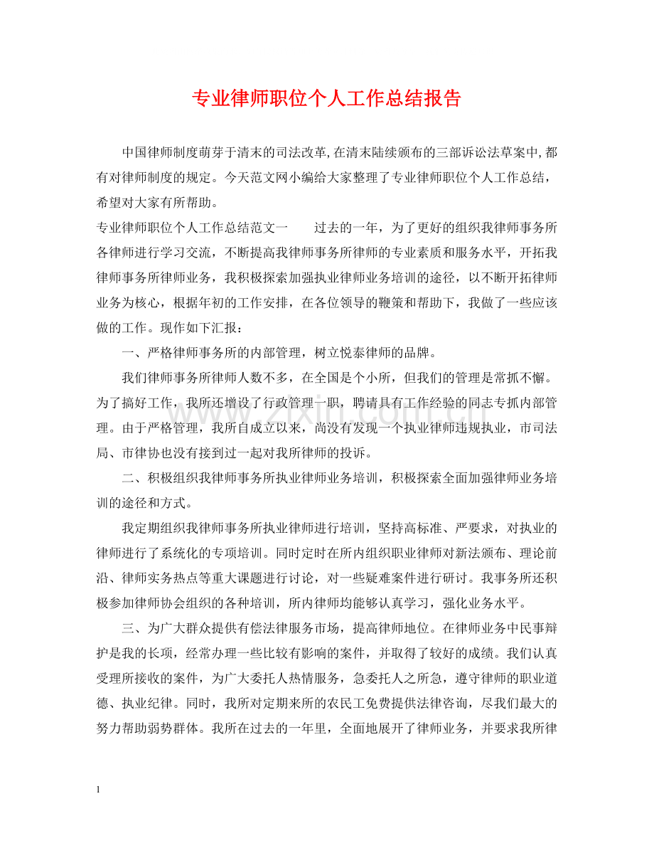 专业律师职位个人工作总结报告.docx_第1页