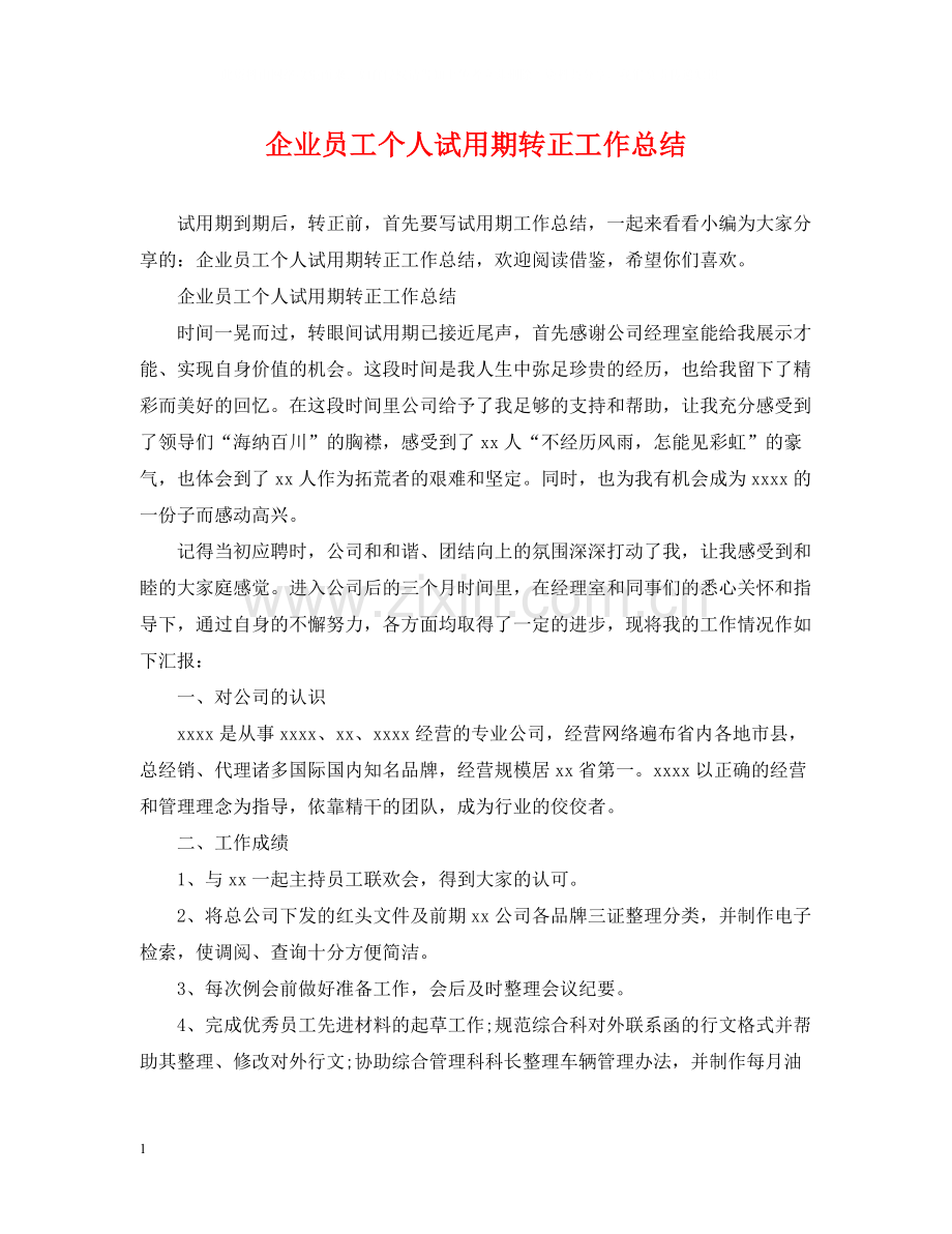 企业员工个人试用期转正工作总结.docx_第1页