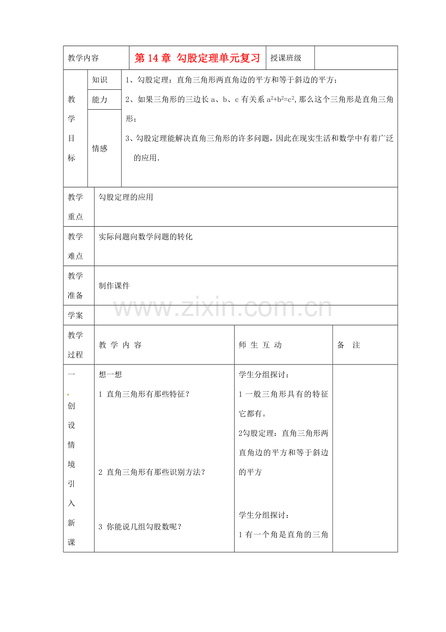 福建省泉州市泉港三川中学八年级数学上册《第14章 勾股定理》单元复习教案 华东师大版.doc_第1页