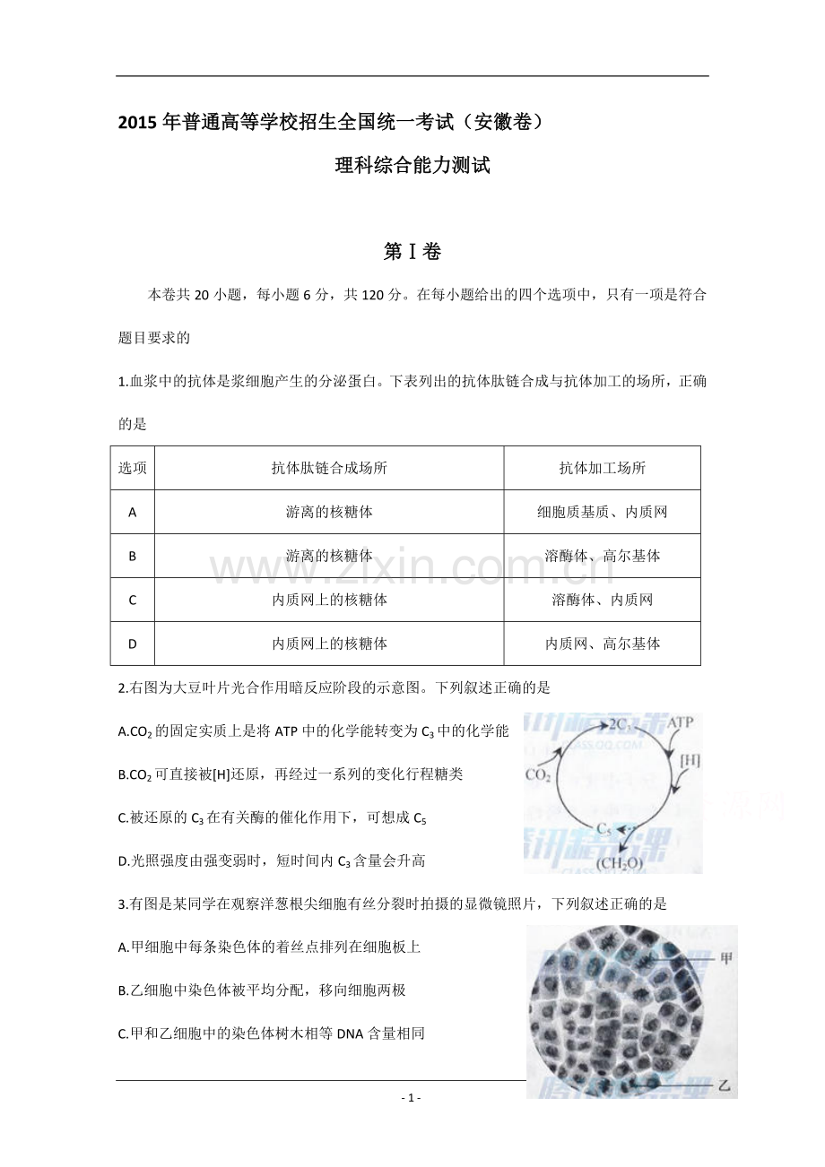 2015年高考生物卷真题——理科综合(安徽卷)Word版含答案.doc_第1页