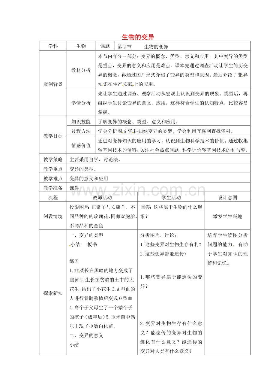 八年级生物下册 第21章 第2节 生物的变异教案 苏科版-苏科版初中八年级下册生物教案.doc_第1页