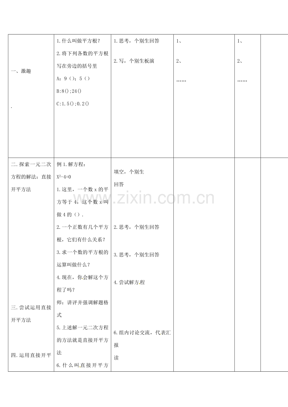 四川省华蓥市明月镇九年级数学上册 21.2.1 配方法解一元二次方程教案1 （新版）新人教版-（新版）新人教版初中九年级上册数学教案.doc_第2页