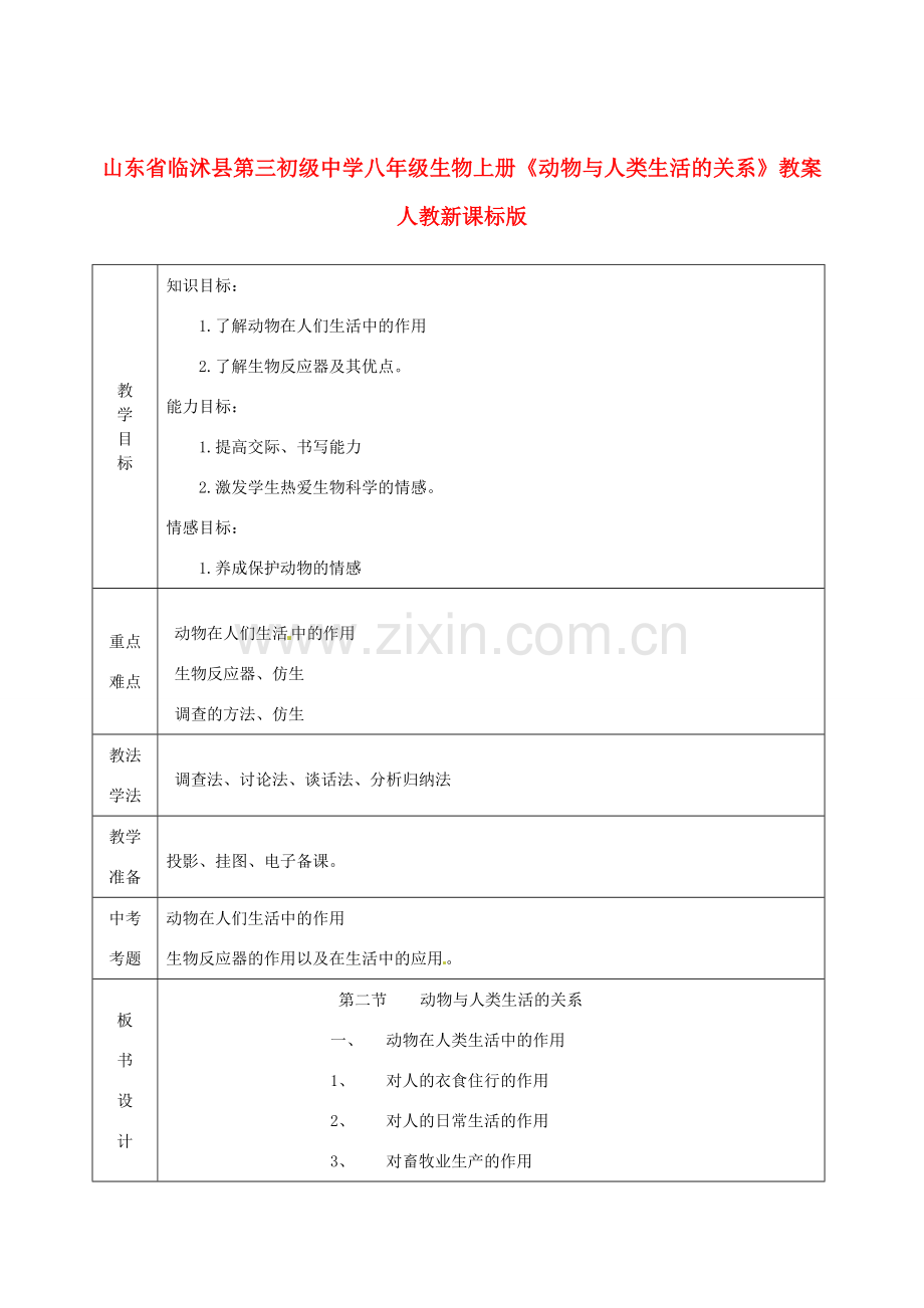 山东省临沭县第三初级中学八年级生物上册《动物与人类生活的关系》教案 人教新课标版.doc_第1页