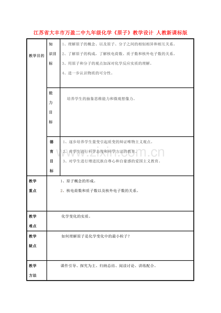 江苏省大丰市万盈二中九年级化学《原子》教学设计 人教新课标版.doc_第1页