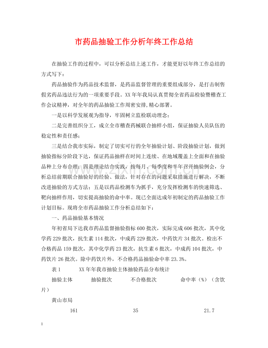 市药品抽验工作分析年终工作总结.docx_第1页