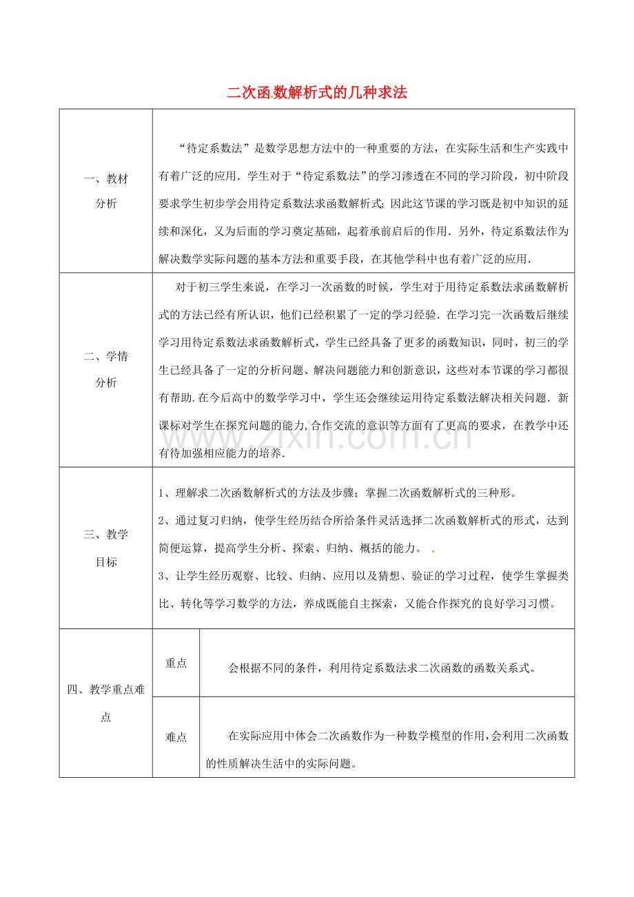 陕西省安康市石泉县池河镇九年级数学上册 22.1.5 二次函数解析式的几种求法教案 （新版）新人教版-（新版）新人教版初中九年级上册数学教案.doc_第1页