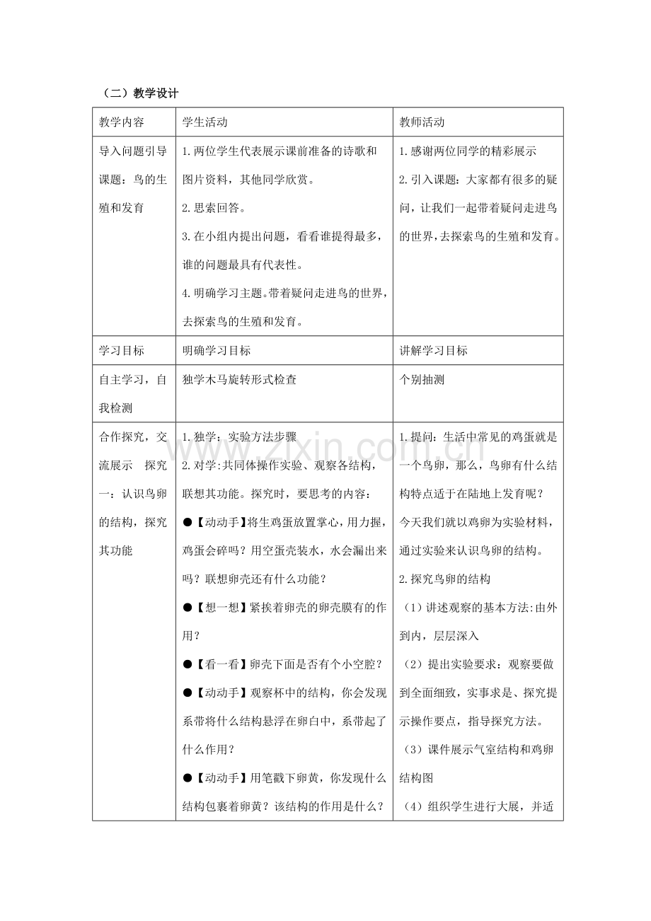 八年级生物下册 第七单元 生物圈中生命的延续和发展 第一章 生物的生殖和发育 第四节 鸟的生殖和发育教案 （新版）新人教版-（新版）新人教版初中八年级下册生物教案.docx_第2页