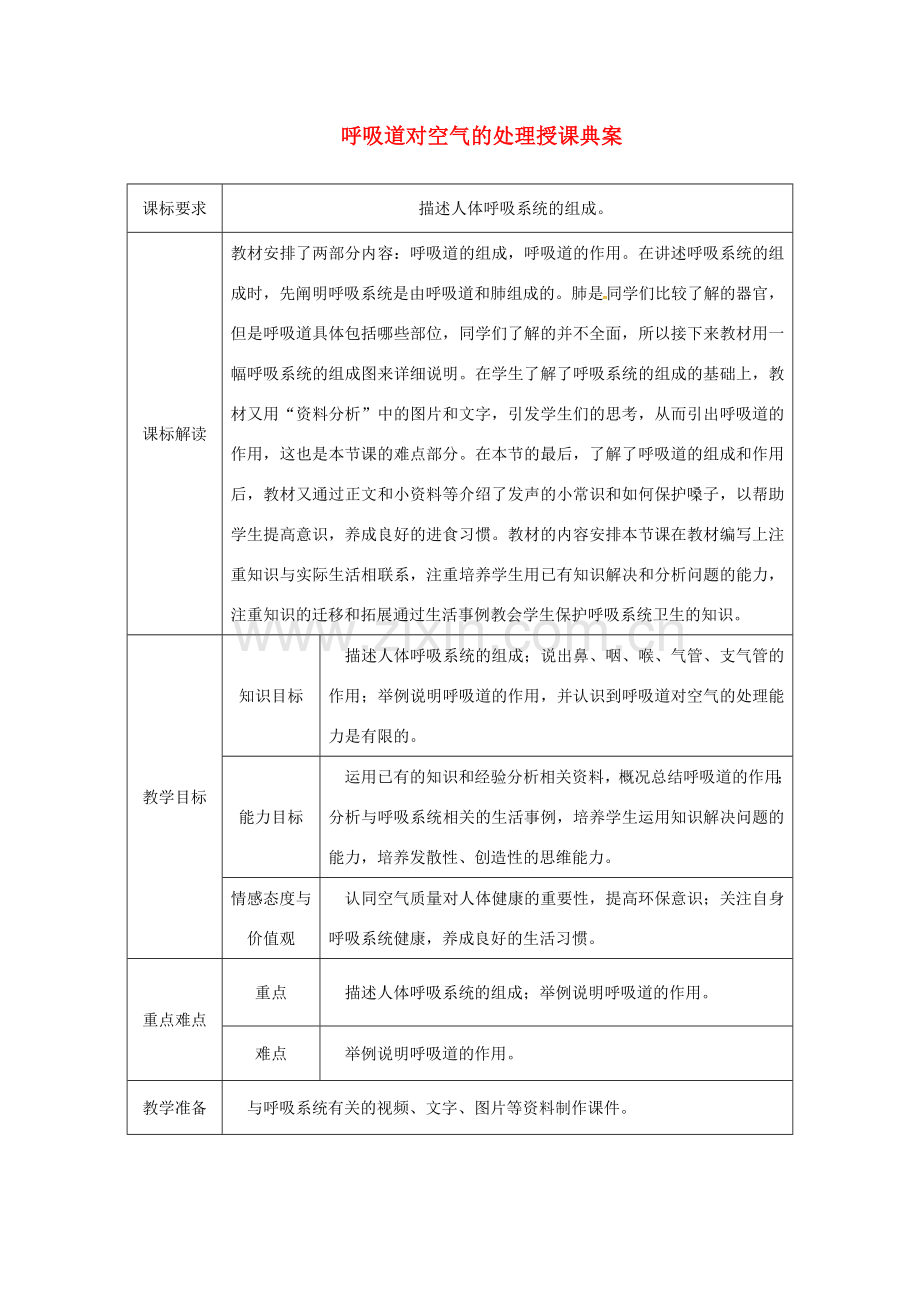 七年级生物下册 第四单元 第三章 第一节 呼吸道对空气的处理授课典案 （新版）新人教版-（新版）新人教版初中七年级下册生物教案.doc_第1页