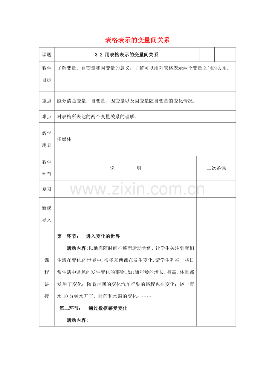 河北省邯郸市肥乡县七年级数学下册 第三章 变量之间的关系 3.2 用表格表示的变量间的关系教案 （新版）北师大版-（新版）北师大版初中七年级下册数学教案.doc_第1页