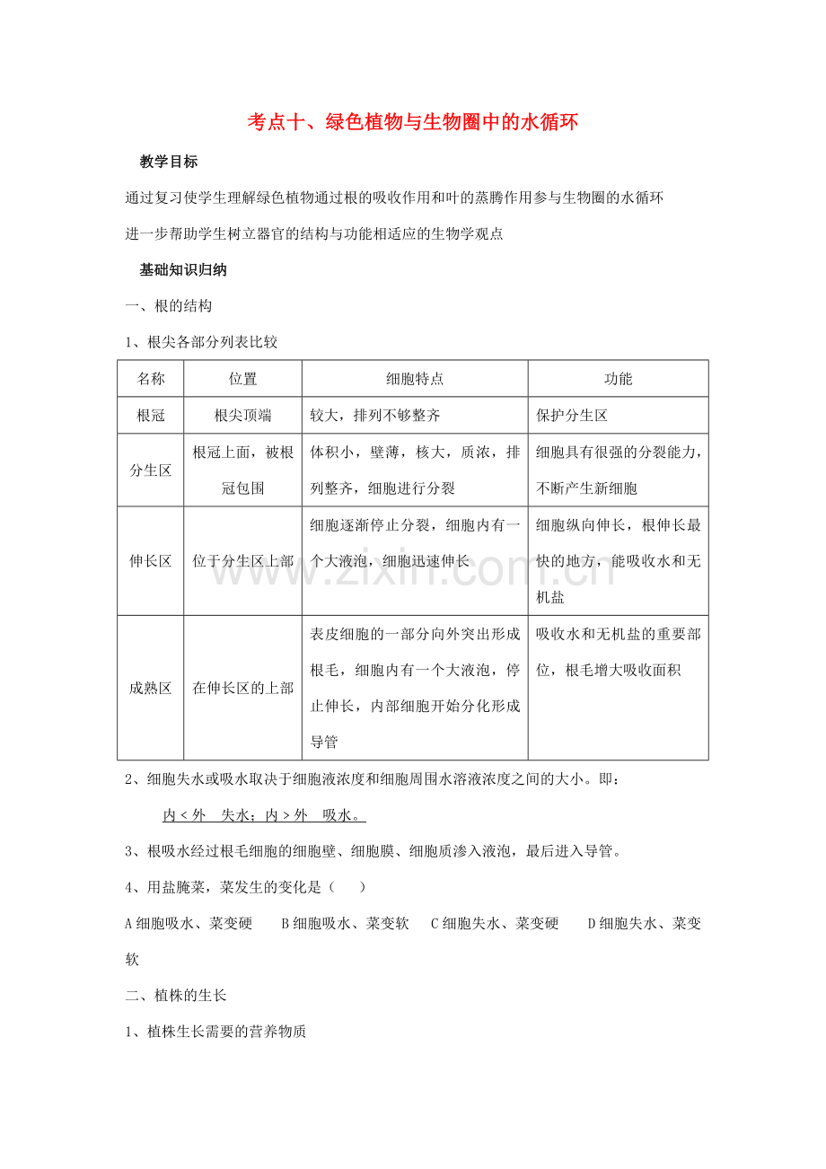 湖北省襄阳市第四十七中学九年级生物 考点十 绿色植物与生物圈中的水循环教学案.doc_第1页