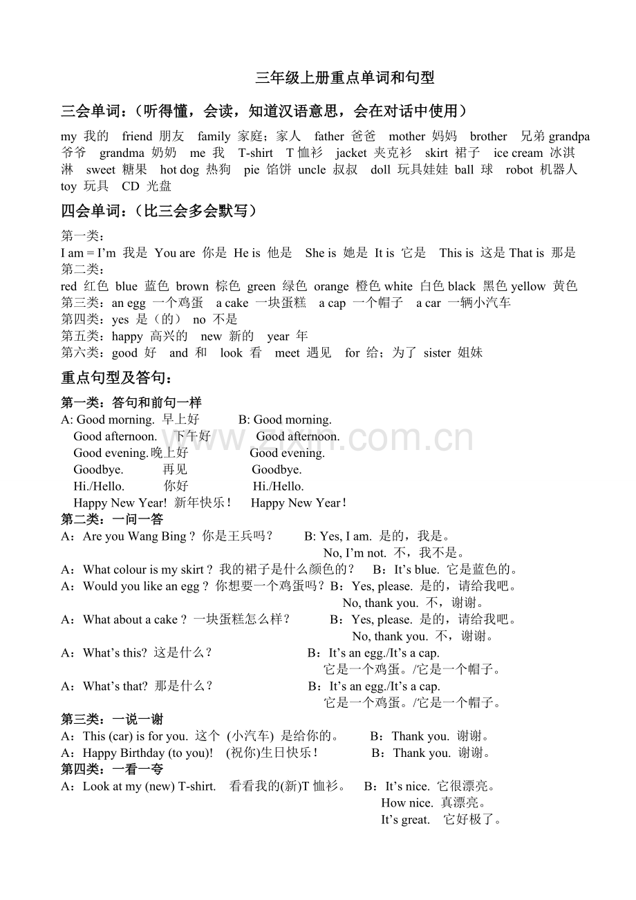 三年级上册重点单词与句型.doc_第1页